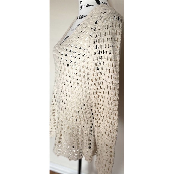 Women’s Jeanne Pierre Size Medium Oatmeal V-Neck Long Sleeve Open Knit Crochet - Picture 4 of 10